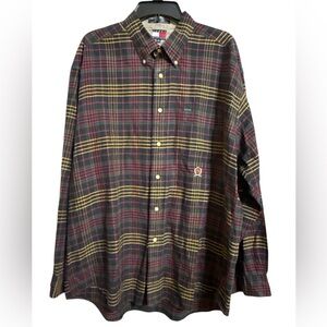 Vintage Tommy Hilfiger Plaid Button Down Shirt XL Red Green Lion Crest 90s Y2K